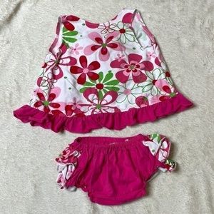 𝅺12-18 month‎ sleeveless pink and green flower power top with matching bloomers